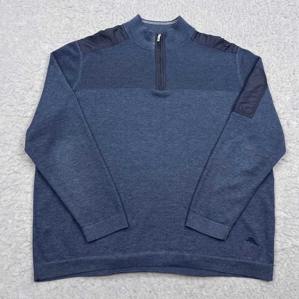Tommy Bahama Island Fairway Half Zip Sweater Men's XXL Blue Zip Pocket Pullover